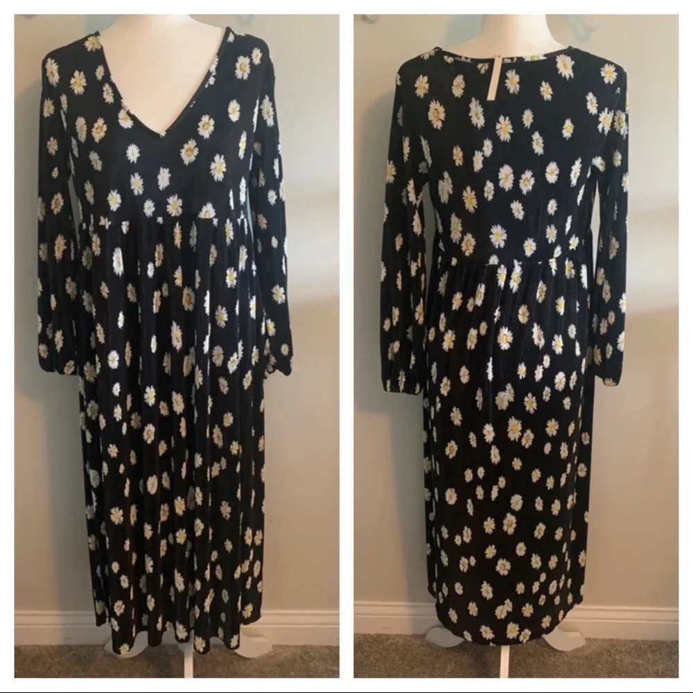 ASOS Design V Neck Long Sleeve Floral Daisy Midi Dress - Picture 1 of 11
